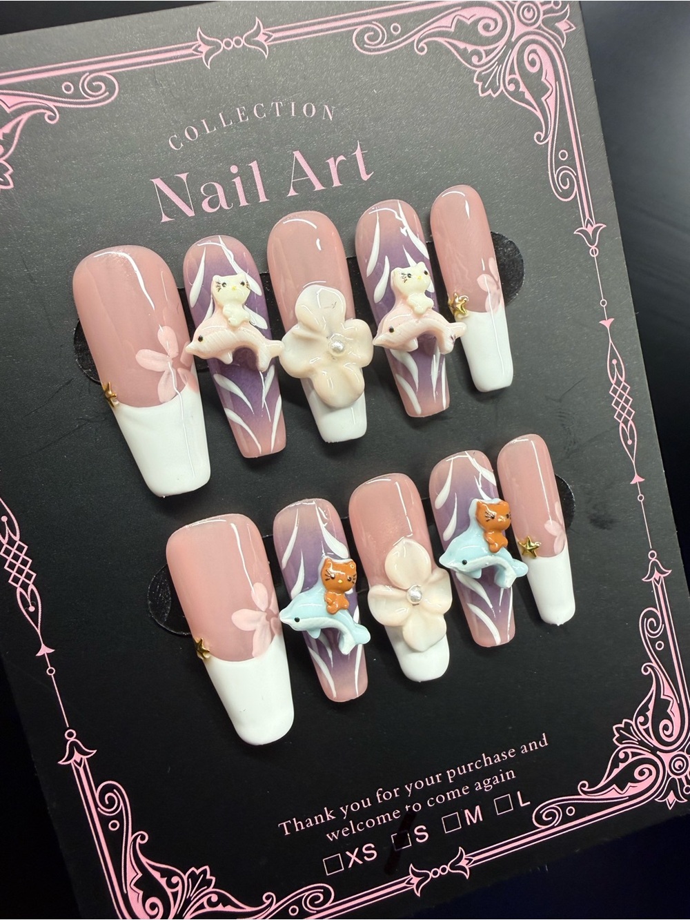 3D Floral Hello Kitty Dolphins Press-On Nails - Small